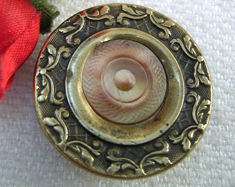 Medium, Lovely, Iridescent Shell Pearl Button in Brass, Usage: Sporting Target Button, Ornate brass Border,  1840s Era,
