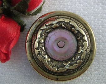 Lovely, Iridescent Shell Pearl Button in Brass, Usage: Sporting Target Button, Inner Border, 1840s Era, Rainbow Luster