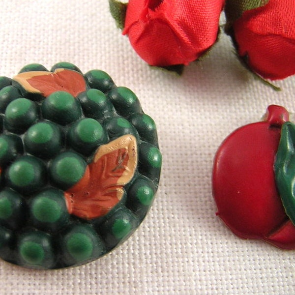 2 Celluloid BUTTONS: Puffed Elderberry with Leaves, Realistic Apple, Fun Collector Buttons from Buttongal