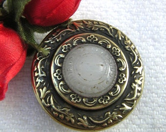 Antique, Ornate, Clambroth, White Glass Button in Brass, Usage: Sporting Target Button, Very ornate brass Borders, 1840s Era, Collectable