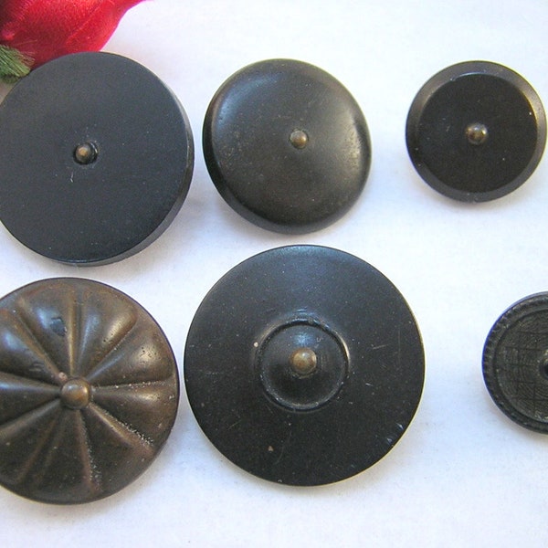 6 Antique, Goodyear Rubber Buttons, Pinshanks,  Civil War Era,  Brown & Black, 1851, N.R.Co.,  Re-enactor, Historical Costumes