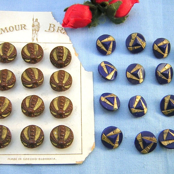 Antique Czecho-Slovakia Glass Buttons, Small, 2 Sets, 12 Brown w/ Gold paint, Original Armour Brand Card & 16 Opaque Navy Blue, Self Shanks