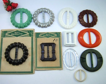 11 Mid-Century, Colored Plastic Buckles, Original Store Hang Cards, Pressed Designs, Round & Oval, Create Belts, Buckle Necklaces, Brooches