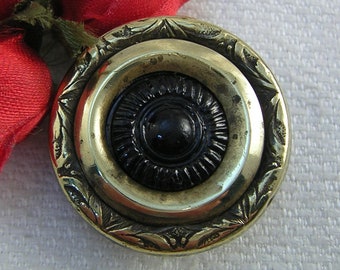 Antique, Black Glass Button in Brass, Usage, Sporting Target Button, Ornate Brass Border, 1840s Era, Back Mark: Extra Gold Quality, Medium
