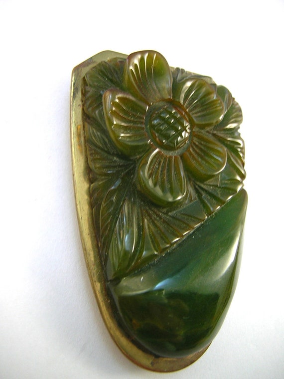 Matching Pair of Carved, Mottled Green Bakelite D… - image 3