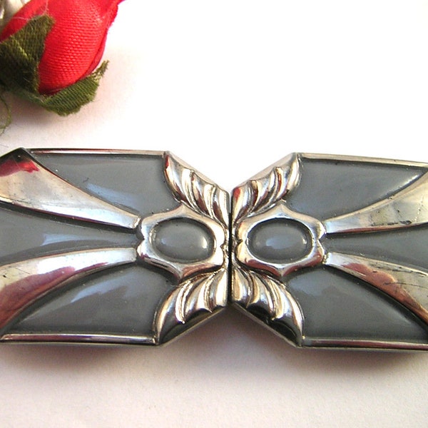 2pc Glass Buckle, Art Deco Style, Opaque Grey with Silver Luster Finish, Lady's Vintage Belt Buckle, Re-purpose, Re-Style