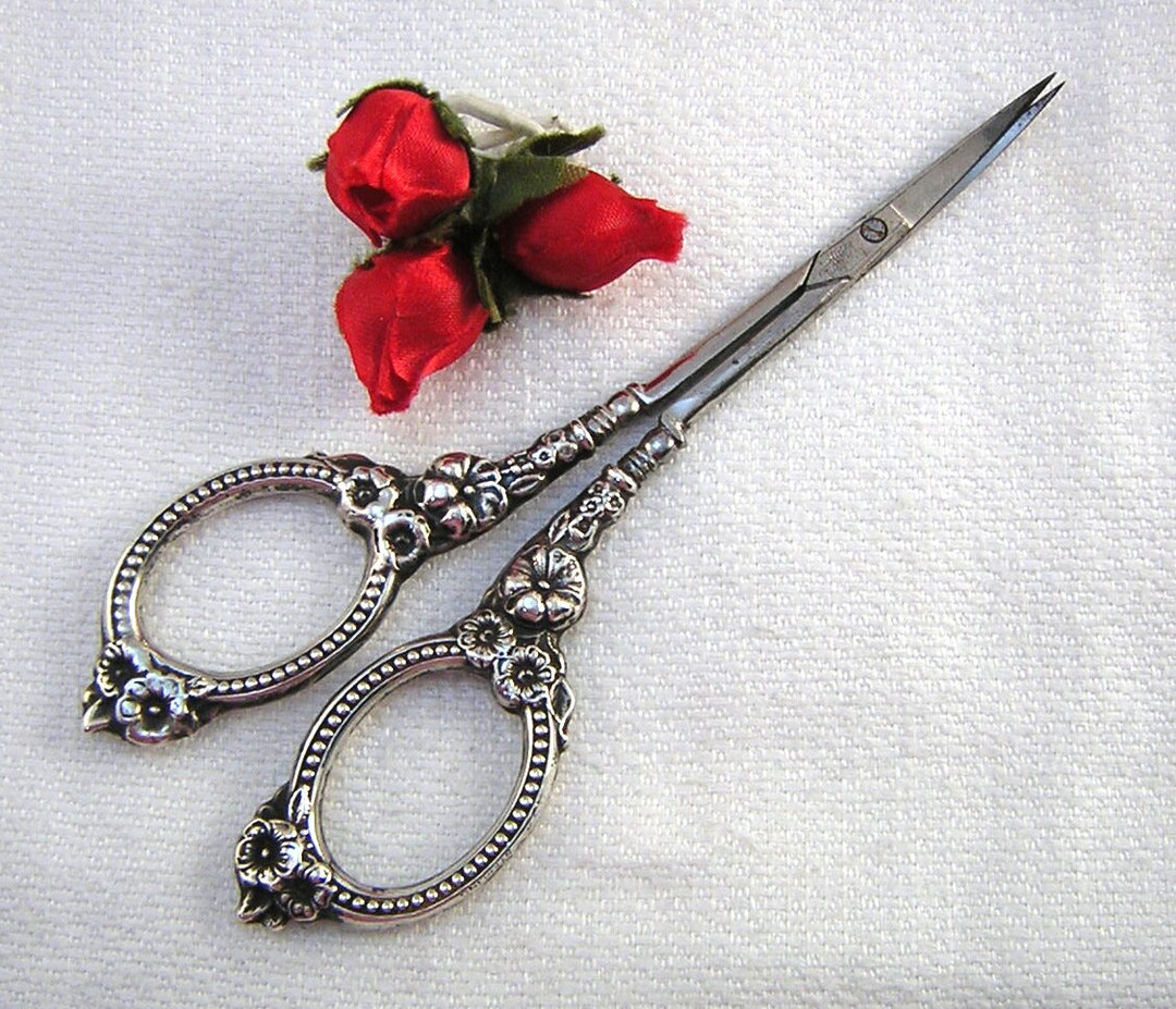 Sterling Silver Sewing Scissors by Griffon, Very Ornate, Flower Handles