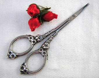 Sterling Silver Sewing Scissors by Griffon, Very Ornate, Flower Handles, Curved Steel Blades, Antique Sewing Tool