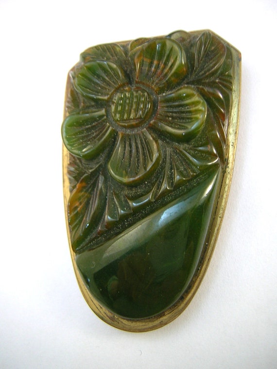 Matching Pair of Carved, Mottled Green Bakelite D… - image 4