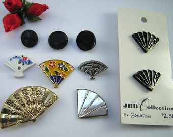 10 Hand Held Fan Buttons, Collector Buttons, Realistic Fan Shapes, JHB, Composition, Pewter, Polymers, Black Glass, Metal, Display, Craft