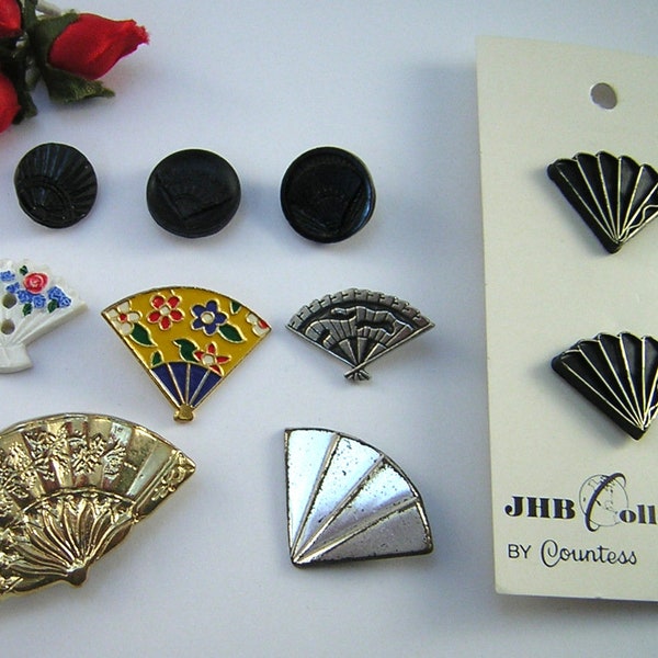 10 Hand Held Fan Buttons, Collector Buttons, Realistic Fan Shapes, JHB, Composition, Pewter, Polymers, Black Glass, Metal, Display, Craft