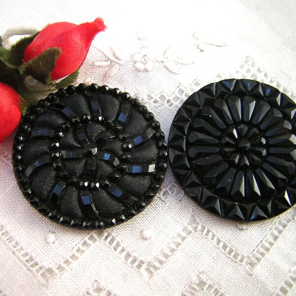 2 Large, Black Glass Lacy Buttons, Victorian Mourning Buttons, Brass Shanks, Collect, Display, Create