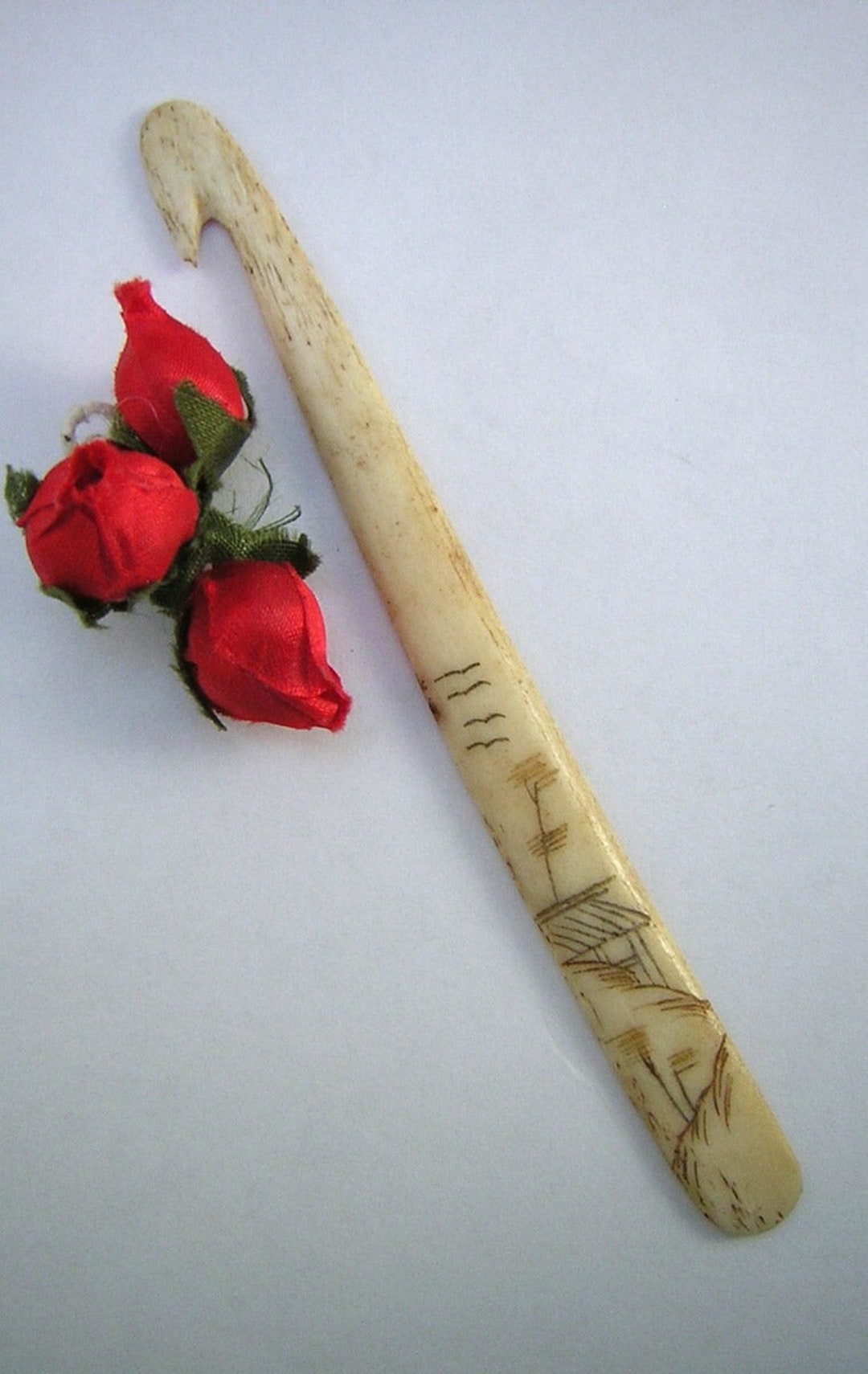 Flat Bone Crochet Hook Rug Hooking Tool Etched Oriental Etsy