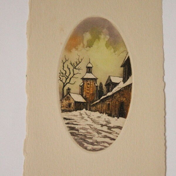 Vintage French aquatint engraving. "Le Village sous la neige" by Leopold Robin (1878-1947)