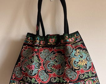 Vintage Embroidered Tote Bag | Black Floral Boho Shoulder Bag | Handmade | Versatile Everyday Carryall