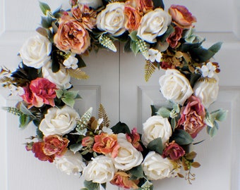 Roses Wreath, Cream, Pink and Champagne roses Front Door Wreath, Greenery Wreath, Year Round Wreath, Mothers Day, Farmhouse decor