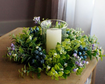 Farmhouse candle ring, Wedding decor, Easter Decor, Blueberries, boxwood, eucalyptus, Spring or Summer centerpiece, tabletop flowers