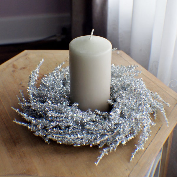 Glitter Farmhouse candle ring, farmhouse everyday decoration, small wreath,real feel pine wreath, Christmas candle ring