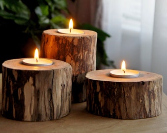 Log Candle Holders, Wedding Center Pieces, 3 Candle Holders, Fireplace Mantle, Rustic Home Decor, Farmhouse Decor, Wooden Tealight Votive