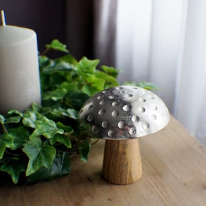 Handcarved Wooden Mushroom with Metal Cap: Farmhouse Decor