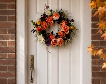 Ghirlanda autunnale per la porta d'ingresso, ghirlanda di peonie arancioni, decorazioni autunnali per la porta, ghirlanda del Ringraziamento, ghirlanda autunnale in stile rustico, ghirlanda rustica, decorazioni per il portico d'ingresso