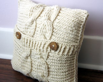 Handknitted Cable Knit Pillow Cover: Cream White Wool, Wooden Buttons (18x18)