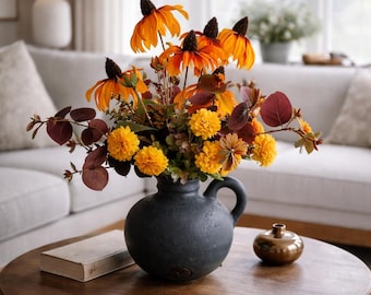 Fall flower arrangement, Eucalyptus Arrangement, Mum flowers, Orange Cone Flower, Thanksgiving Arrangement, Table Centerpiece, Housewarming