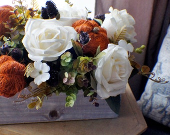 Farmhouse Fall Silk flower arrangement, Eucalyptus Arrangement, Pumpkin Rose Arrangement, Fall Thanksgiving Arrangement Table Centerpiece