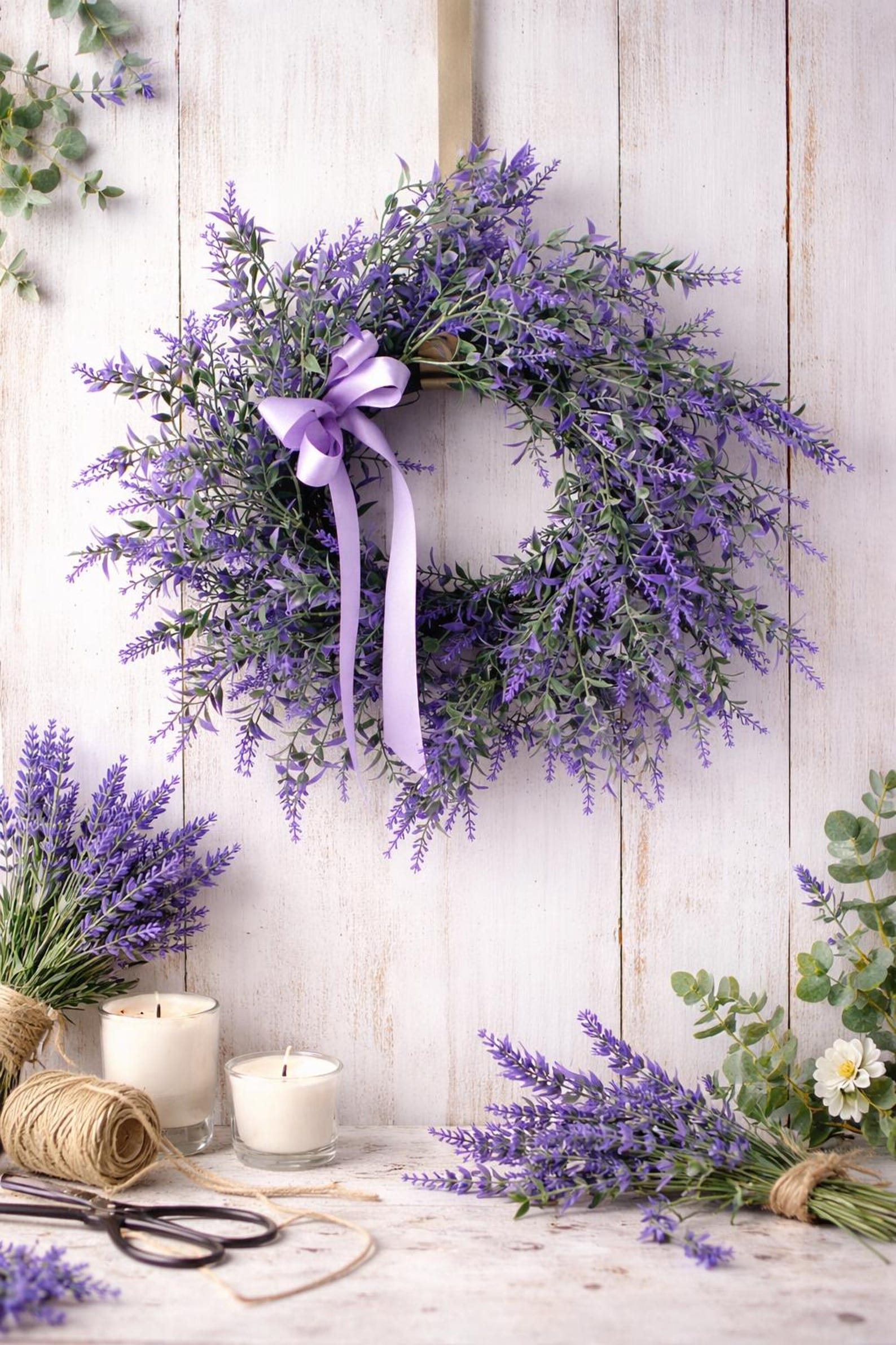 Lavender Farmhouse Door Wreath adorned with a Bow