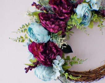 RTS Eucalyptus Wreath, Spring Wreath, Peony Wreath, Door Wreath, Burgundy Wreath, Teal Wreath, New Home Door Wreath, Hydrangea Wreaths