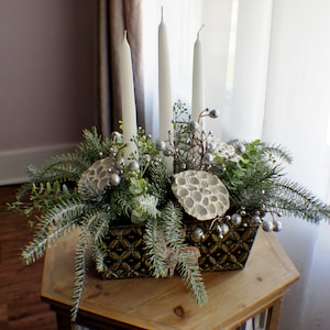 Farmhouse Christmas Arrangement, White Christmas Arrangement, Pine, Candles, Berries, Table Centerpiece Christmas Gift