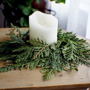 Greenery Farmhouse Candle Ring: Real touch Cedar Wreath, 8-Inch