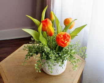 Spring Farmhouse Arrangement, Real Touch Tulips Boxwood floral arrangement with real touch tabletop or centerpiece