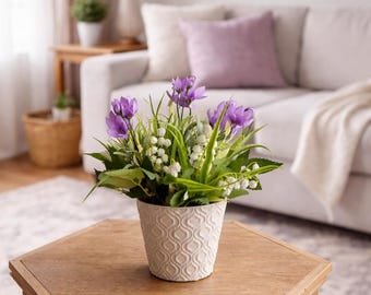 Arreglo floral artificial estilo granja, lirios del valle, flores de globo, arreglo, centro de mesa, arreglo para bodas