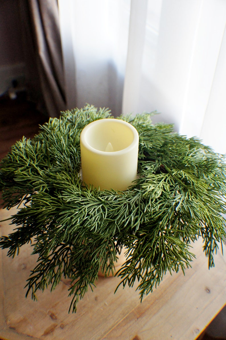 Greenery Farmhouse candle ring, farmhouse everyday decoration, small wreath,real feel pine wreath, 10/3 inches inner candle ring image 6