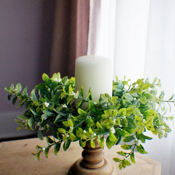 Farmhouse candle ring Boxwood and Baby's breath,  Spring or Summer centerpiece, tabletop flowers