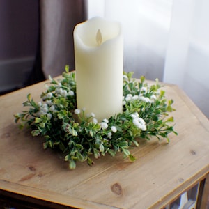 Farmhouse candle ring Boxwood and Baby&#39;s breath, Spring or Summer centerpiece, Wedding centerpiece Wedding Candle Ring