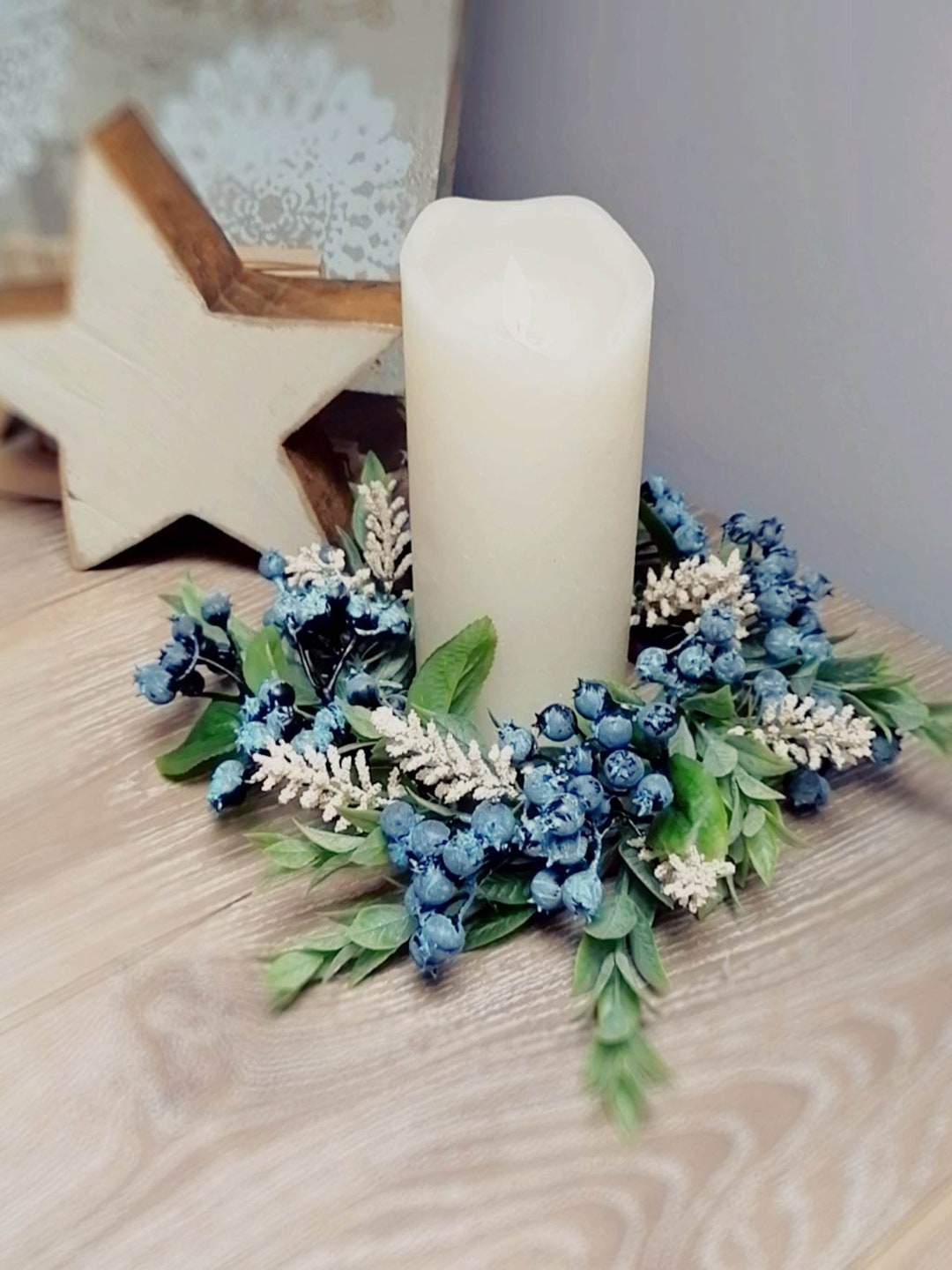 Farmhouse Candle Ring Blueberries, Greenery and Cream Wheat Clusters