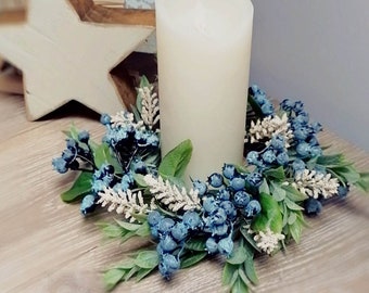 Farmhouse candle ring Blueberries, greenery and cream wheat clusters, Spring or Summer centerpiece, tabletop flowers