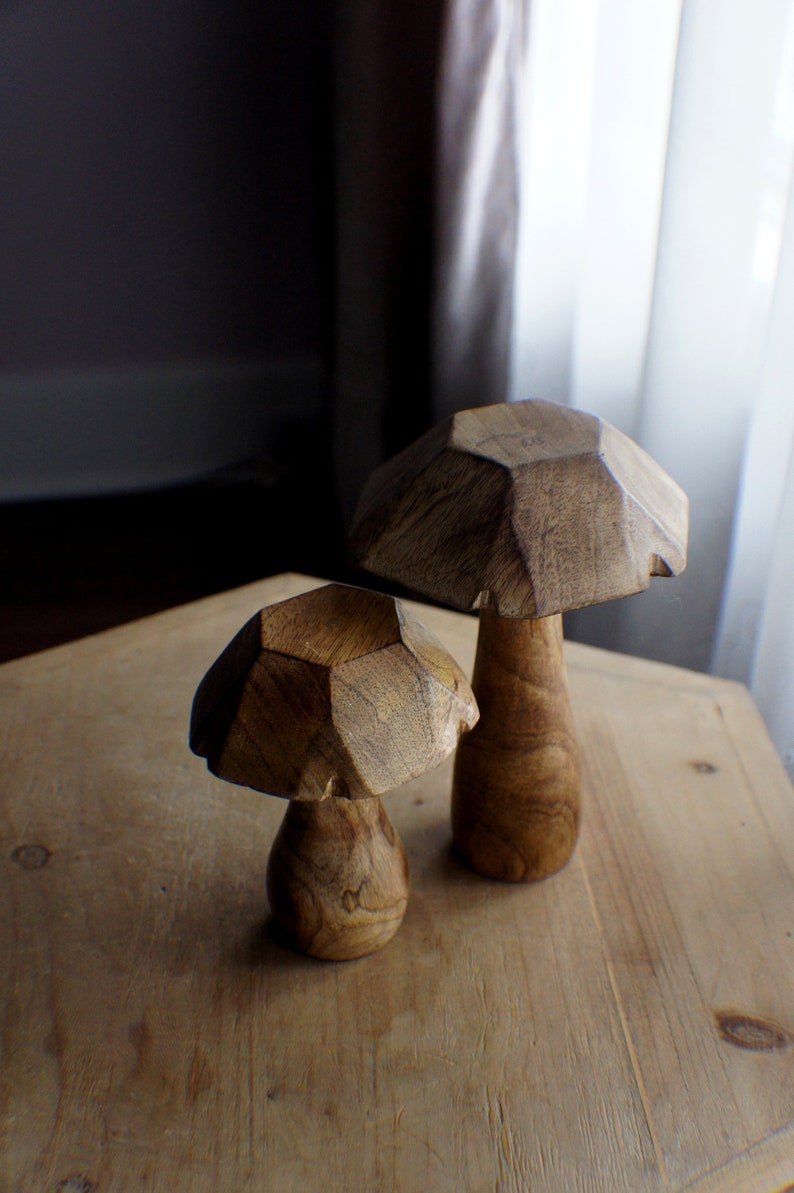 May include: Two wooden mushroom sculptures with a geometric design. The larger mushroom is brown and the smaller mushroom is a lighter brown.