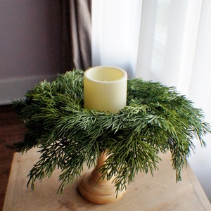 Greenery Farmhouse candle ring, farmhouse everyday decoration, small wreath,real feel pine wreath, 10/3 inches inner candle ring image 5