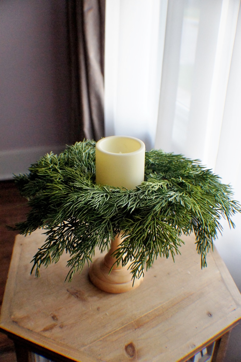 Greenery Farmhouse candle ring, farmhouse everyday decoration, small wreath,real feel pine wreath, 10/3 inches inner candle ring image 5