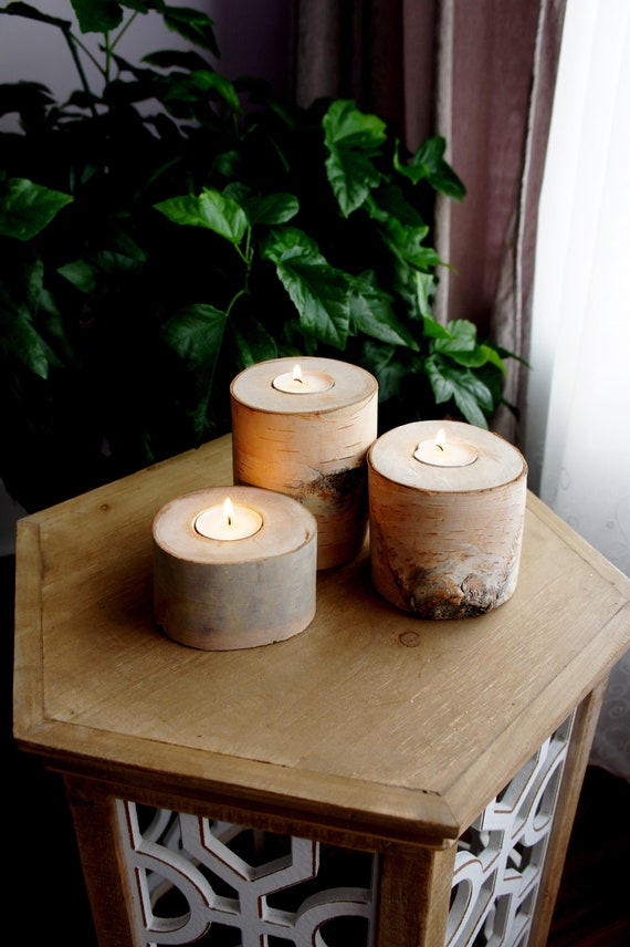 Set Of 3 Wooden Pillar Candle Holders - Rustic Farmhouse Table Centerpiece For Fireplace, Mantel & Home Decor