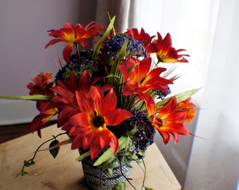 Farmhouse arrangement, Red Sunflower Berries Arrangement, Greenery Arrangement, Fall Thanksgiving Arrangement, Table Centerpiece