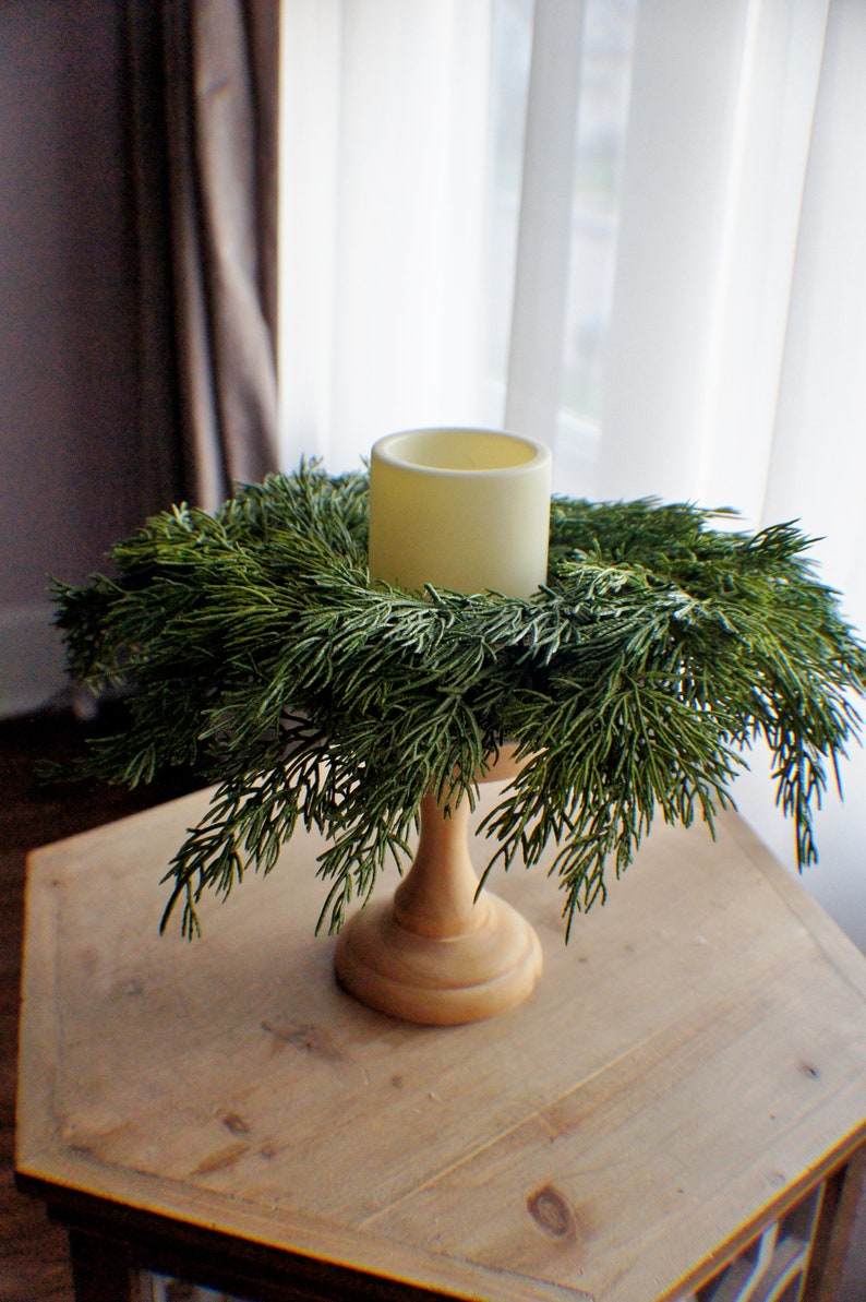 Greenery Farmhouse candle ring, farmhouse everyday decoration, small wreath,real feel pine wreath, 10/3 inches inner candle ring image 3