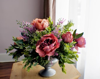 Silk flower arrangement, Mauve Pink Arrangement, Peony Arrangement, Eucalyptus Wedding Arrangement Table Centerpiece Housewarming