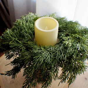 Greenery Farmhouse candle ring, farmhouse everyday decoration, small wreath,real feel pine wreath, 10/3 inches inner candle ring image 7