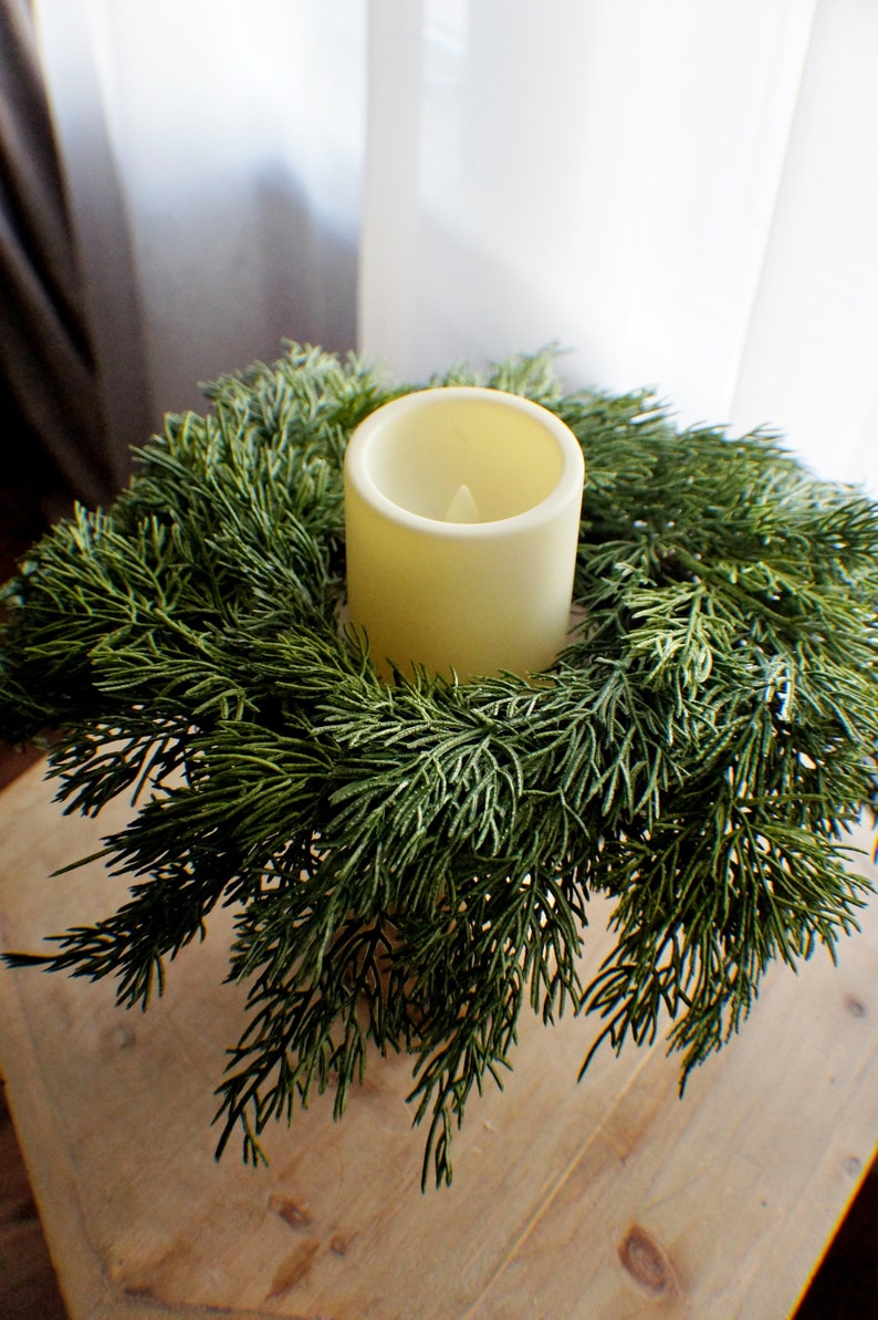 Greenery Farmhouse candle ring, farmhouse everyday decoration, small wreath,real feel pine wreath, 10/3 inches inner candle ring image 7