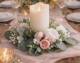 Anillo de vela de granja Decoración de boda Decoración de Pascua, rosas, eucalipto, centro de mesa de primavera o verano, centro de mesa de boda Anillo de vela de boda