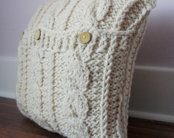 Hand-Knitted Cable Knit Pillow Cover: Cream White Wool Blend (18x18)
